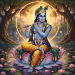 Sri Krishna sitting on a lotus flower, playing on his flute.