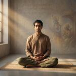 Meditating practitioner in stable seated posture illustrating Dhyana Yoga from the Bhagavad Gita, calm spiritual atmosphere with soft light and subtle Krishna and Arjuna chariot silhouette in background.