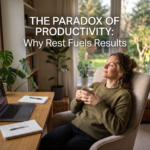 Woman taking a mindful coffee break away from her laptop and notes